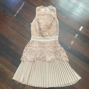Tan pleated lace dainty cocktail mini dress